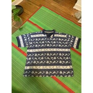VTG Retro REGATTA Blue & White Floral Design Collared button Polo shirt sleeve L